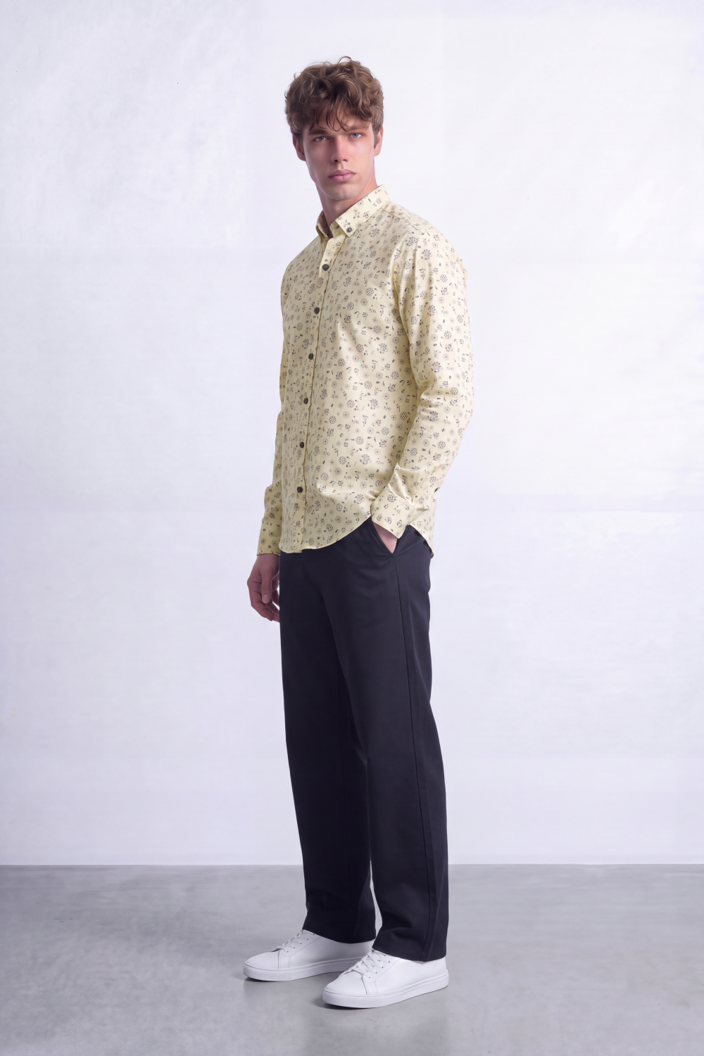 Men's Tomato Store Poplin Shirt Micro Floral Print  Long Sleeve Clean Slim Fit