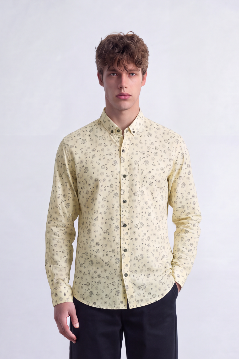 Men's Tomato Store Poplin Shirt Micro Floral Print  Long Sleeve Clean Slim Fit