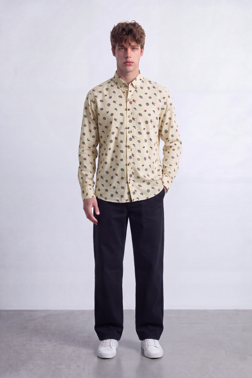Men's Tomato Store Poplin Shirt Allover Mini Floral Motif Slim Fit Long Sleeve