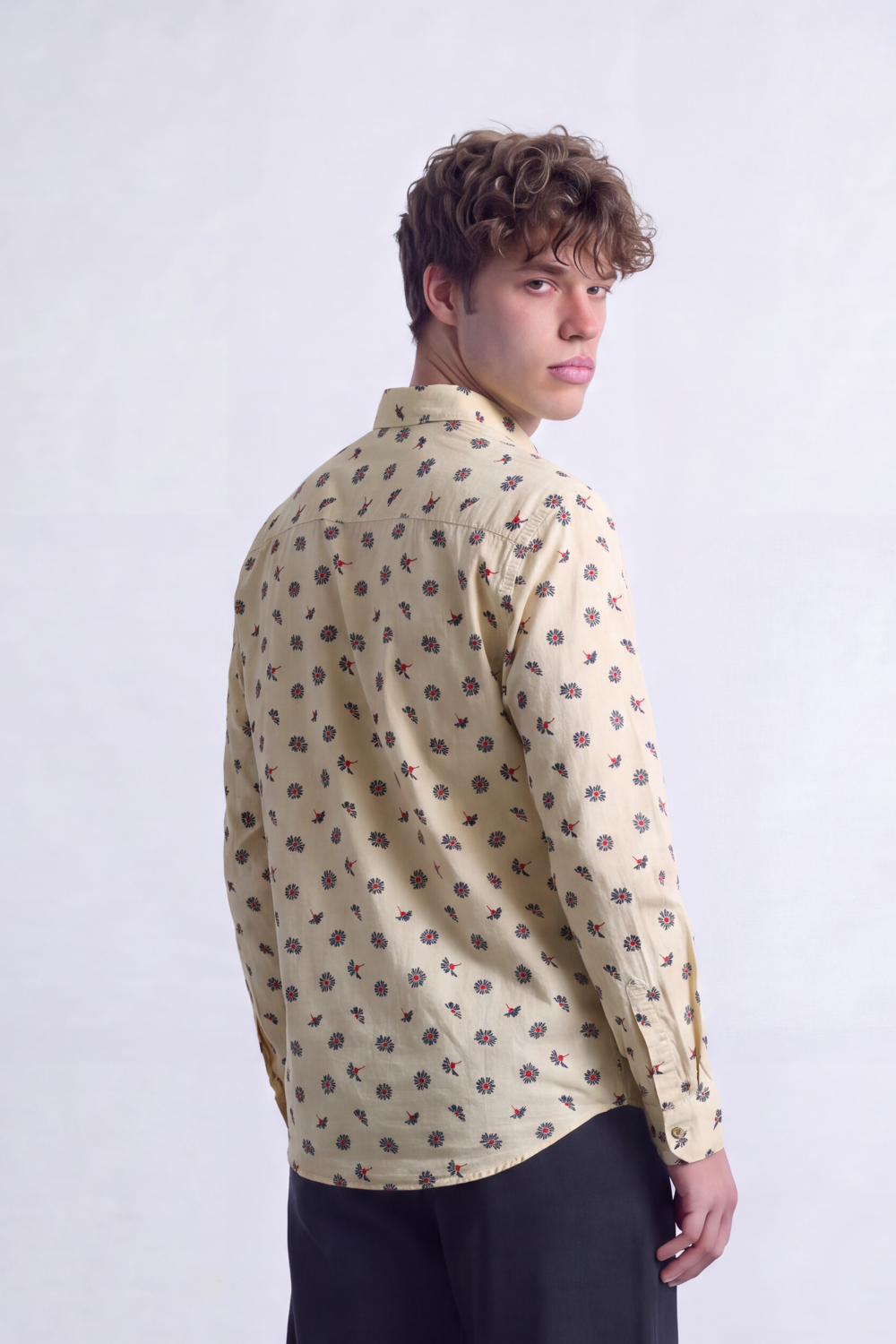 Men's Tomato Store Poplin Shirt Allover Mini Floral Motif Slim Fit Long Sleeve