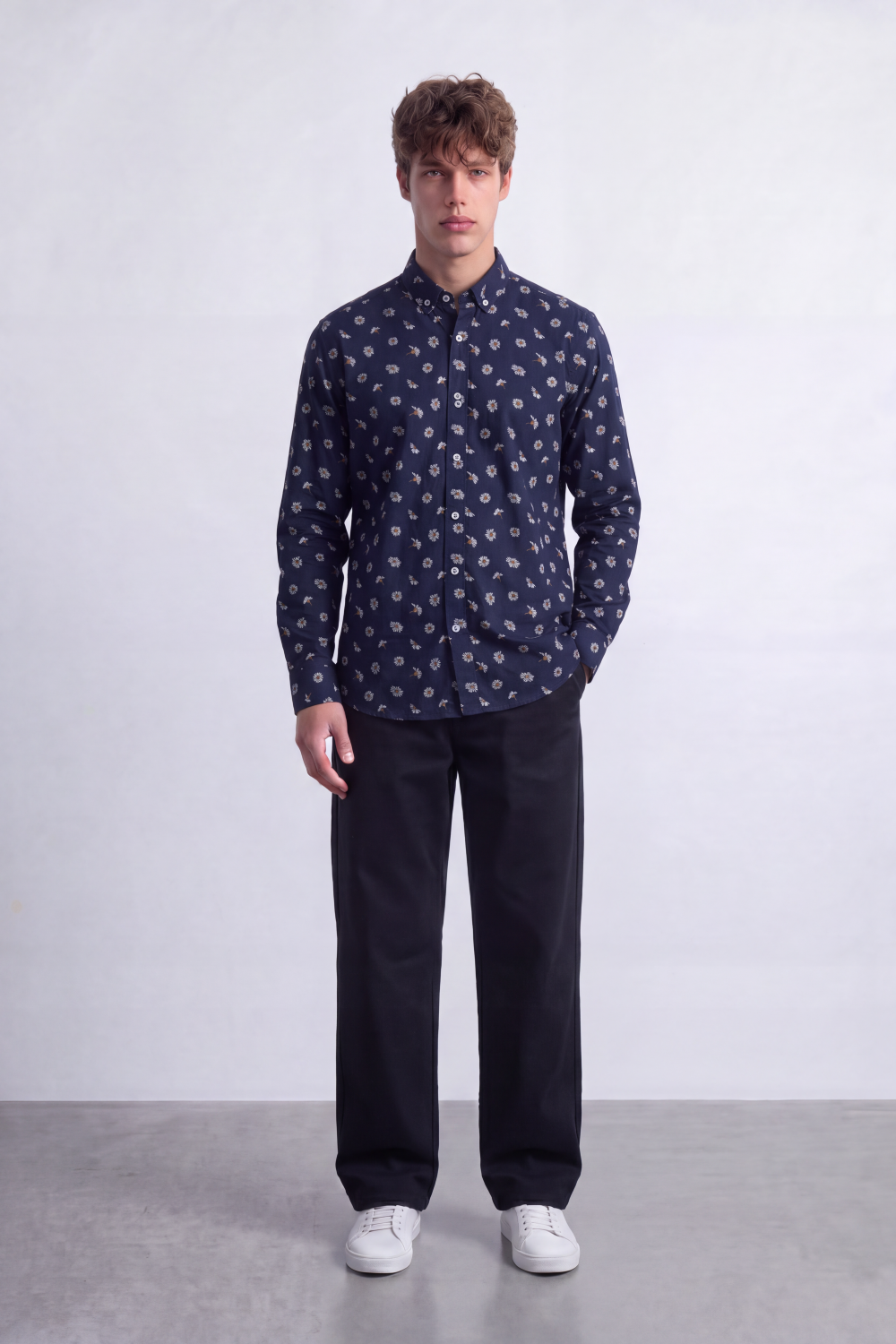 Men's Tomato Store Poplin Shirt Allover Mini Floral Motif Slim Fit Long Sleeve