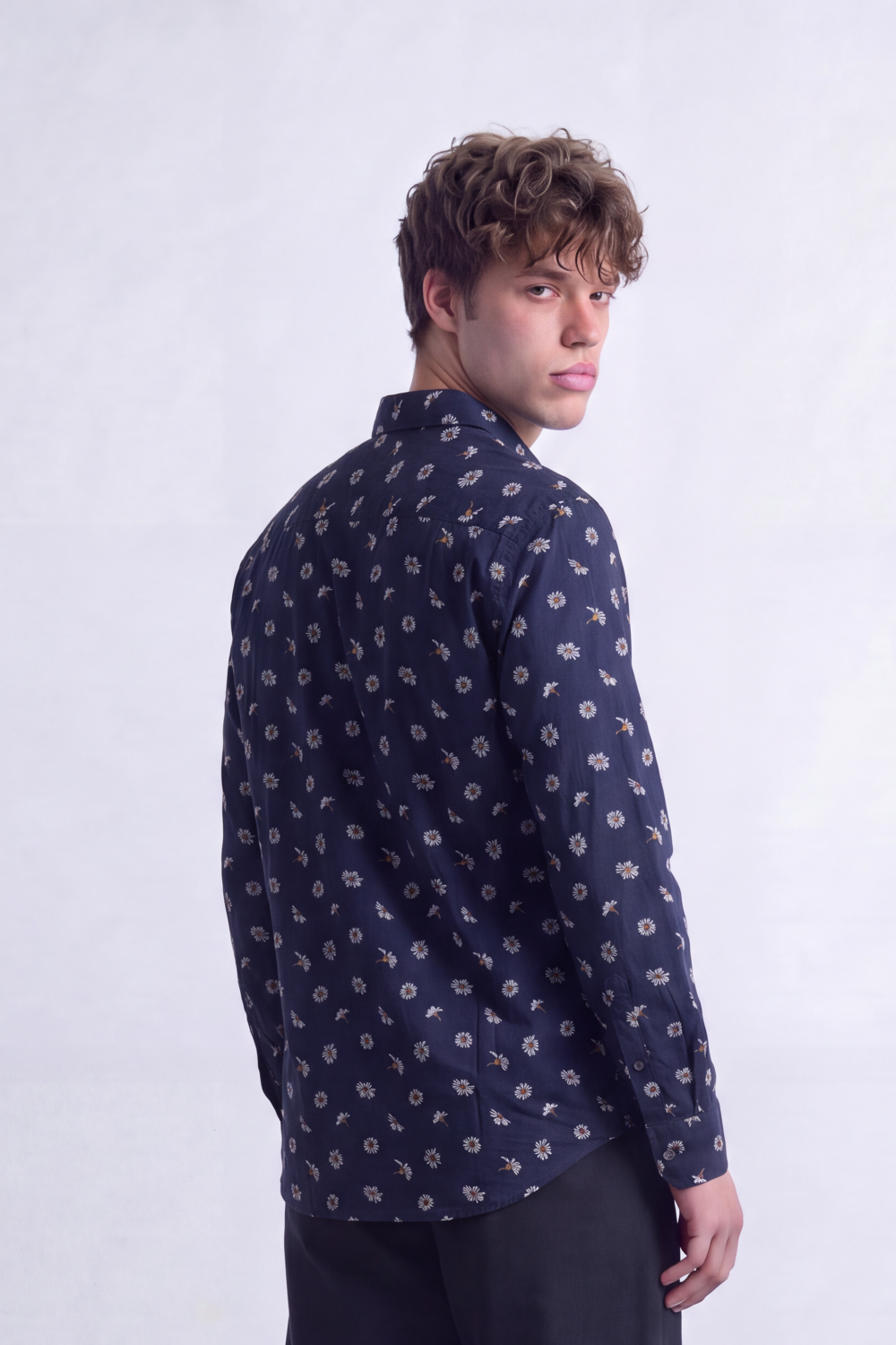 Men's Tomato Store Poplin Shirt Allover Mini Floral Motif Slim Fit Long Sleeve