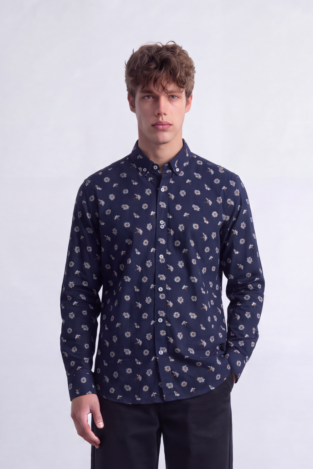 Men's Tomato Store Poplin Shirt Allover Mini Floral Motif Slim Fit Long Sleeve