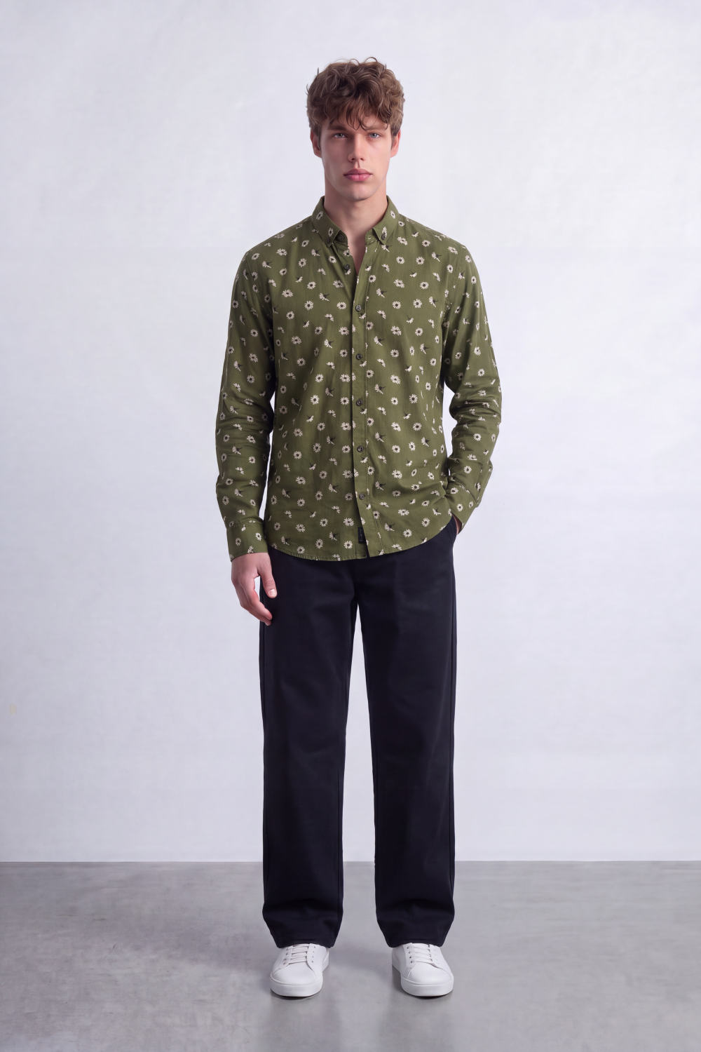 Men's Tomato Store Poplin Shirt Allover Mini Floral Motif Slim Fit Long Sleeve