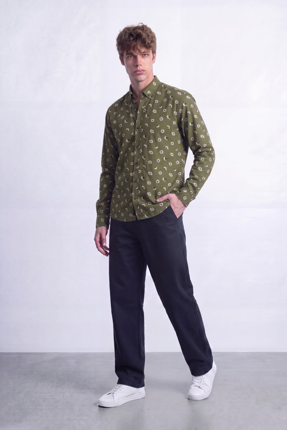 Men's Tomato Store Poplin Shirt Allover Mini Floral Motif Slim Fit Long Sleeve
