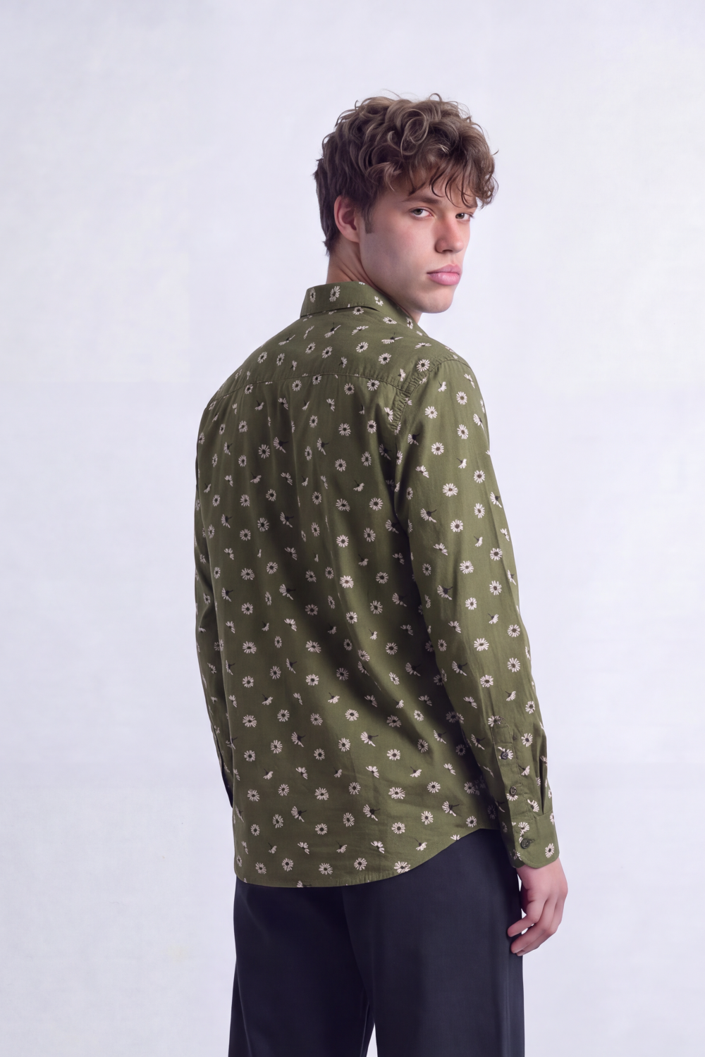 Men's Tomato Store Poplin Shirt Allover Mini Floral Motif Slim Fit Long Sleeve