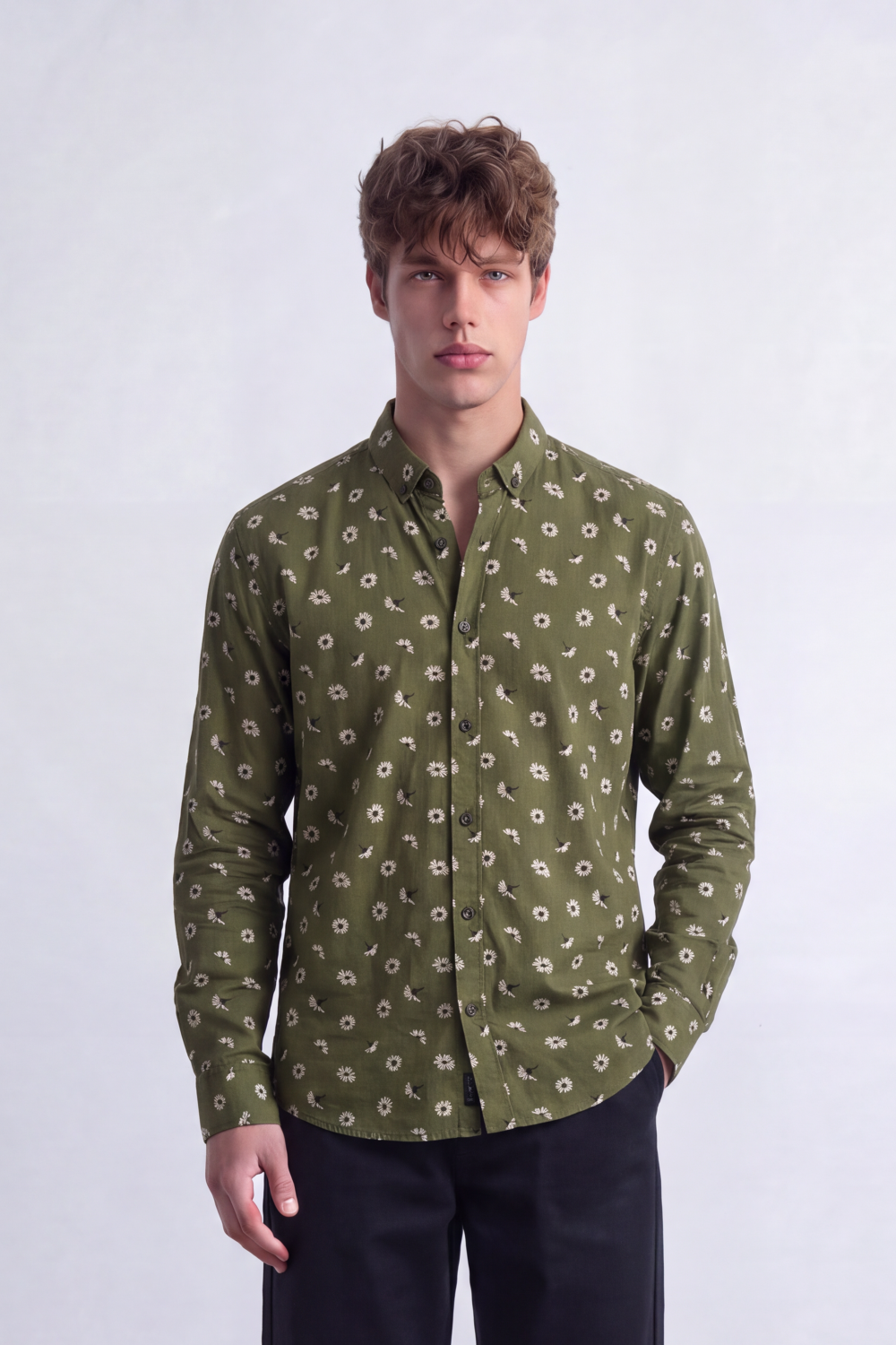 Men's Tomato Store Poplin Shirt Allover Mini Floral Motif Slim Fit Long Sleeve