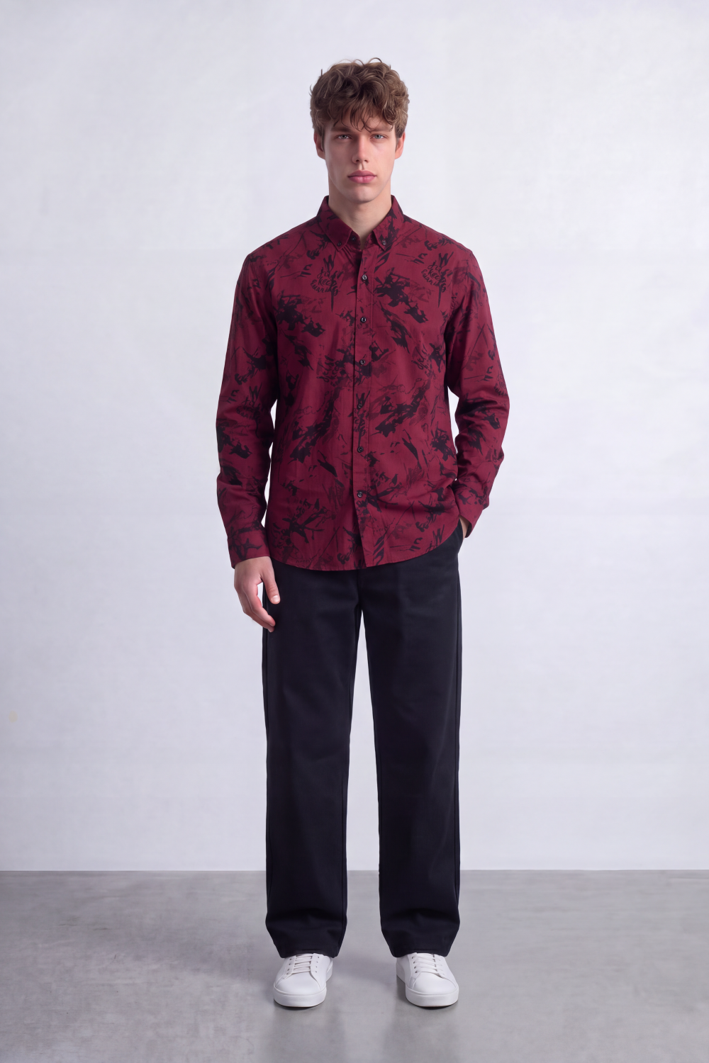 Men's Tomato Store Poplin Shirt Abstract Tonal Print Long Sleeve Slim Fit