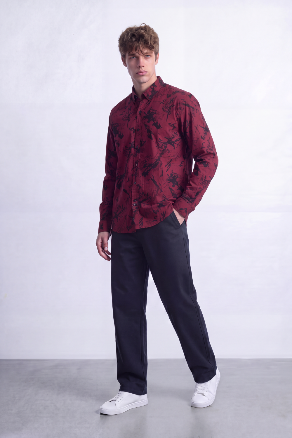 Men's Tomato Store Poplin Shirt Abstract Tonal Print Long Sleeve Slim Fit