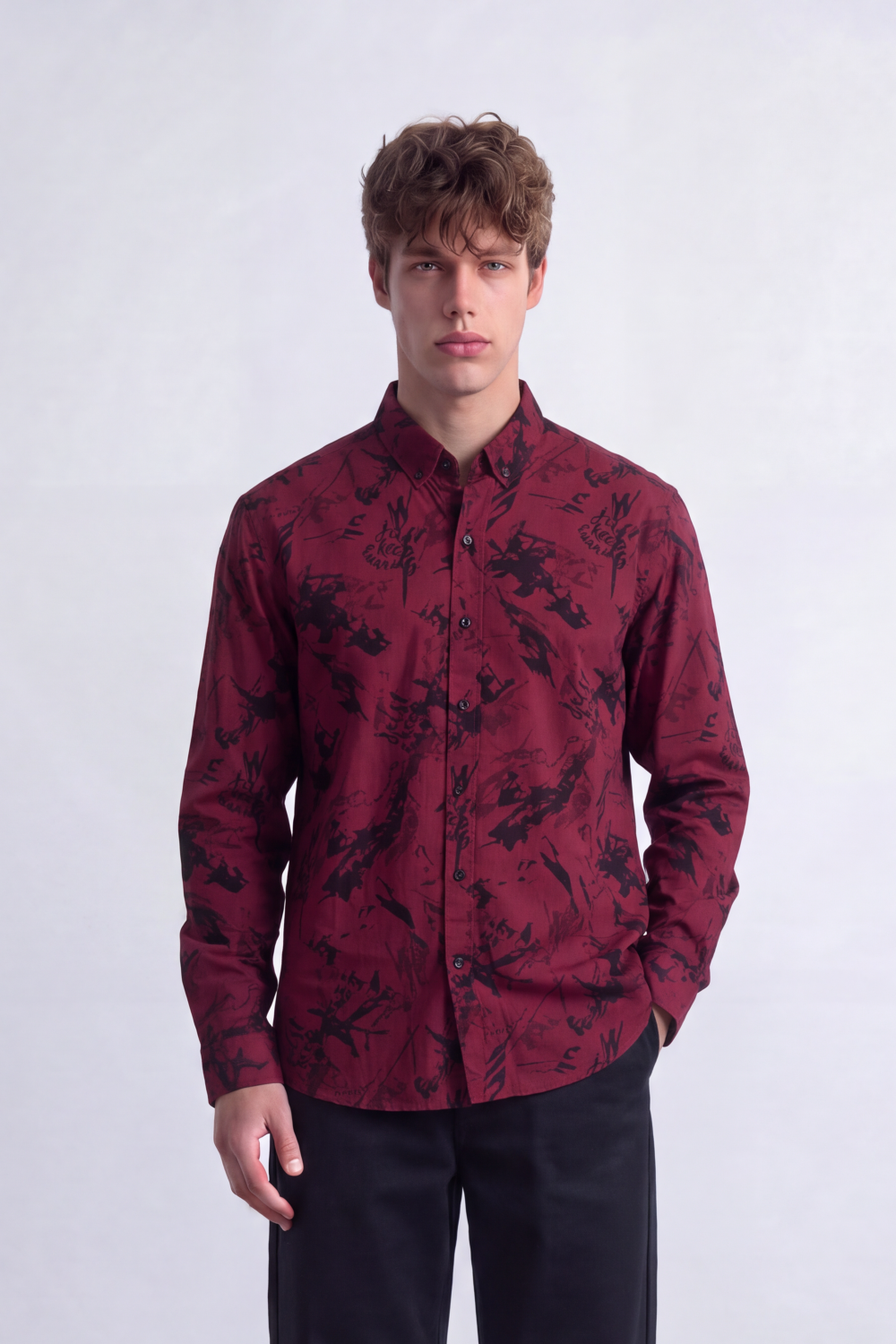 Men's Tomato Store Poplin Shirt Abstract Tonal Print Long Sleeve Slim Fit