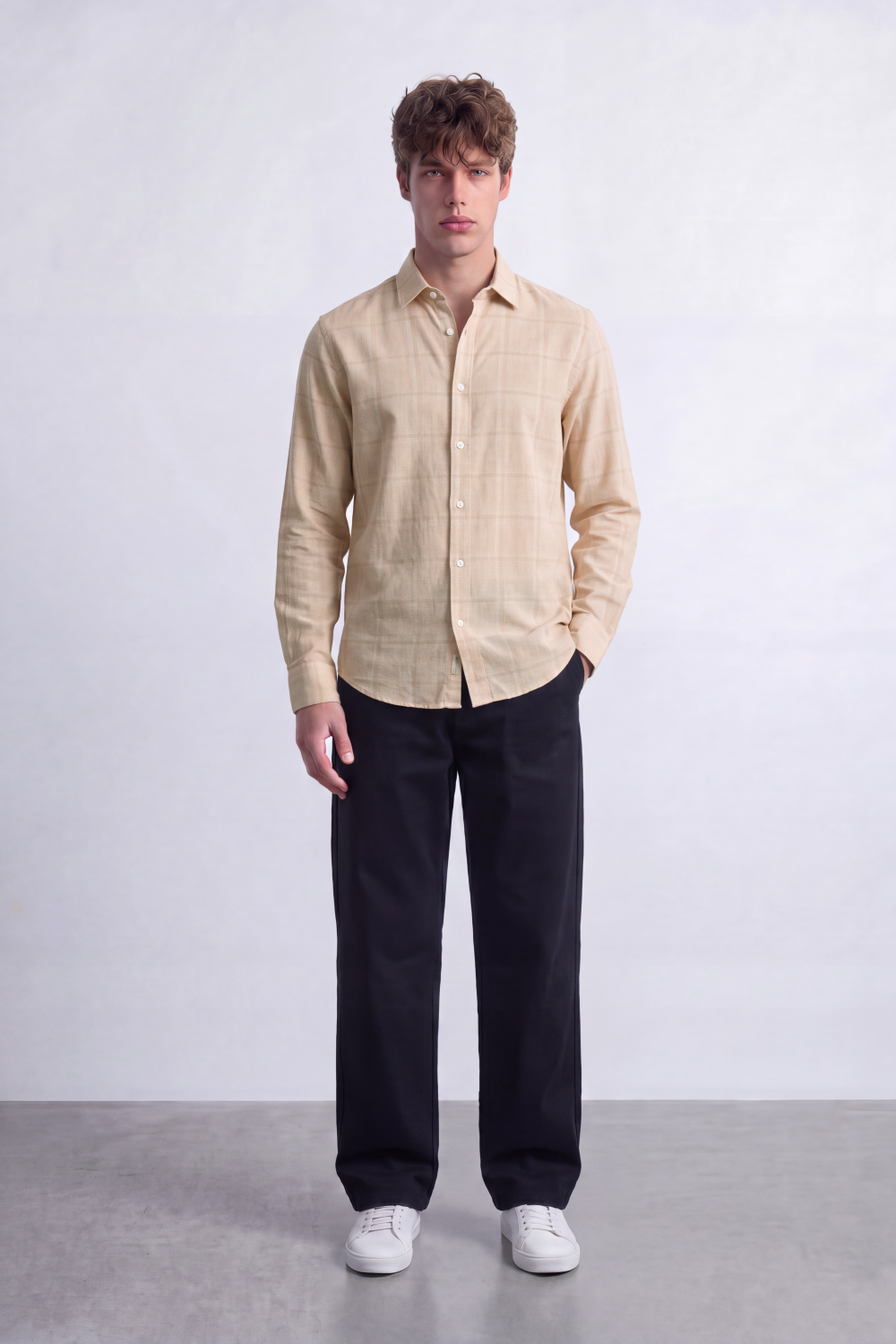 Men's Tomato Store Poplin Shirt Muted Plaid Check Pattern Long Sleeve SlimFit