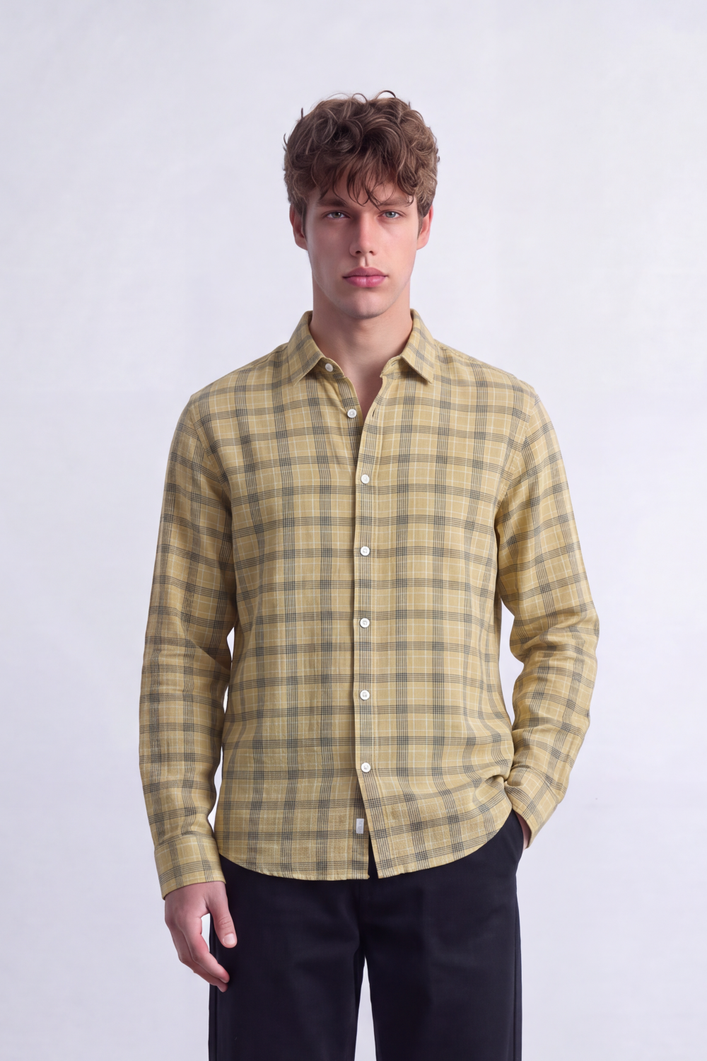 Men's Tomato Store Poplin Shirt Muted Plaid Check Pattern Long Sleeve SlimFit