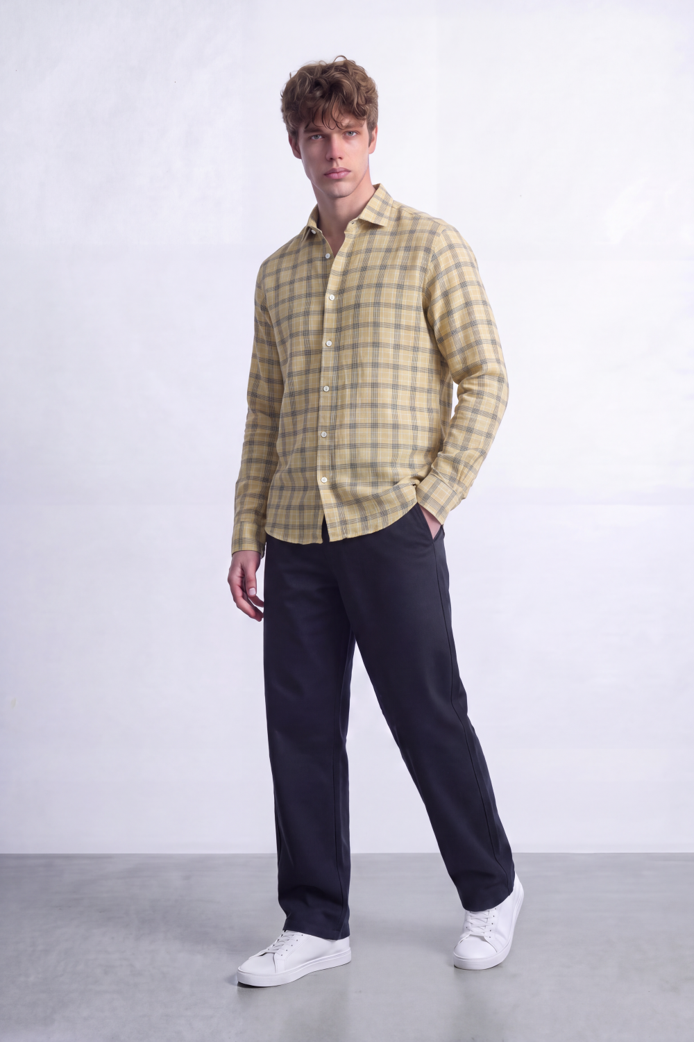 Men's Tomato Store Poplin Shirt Muted Plaid Check Pattern Long Sleeve SlimFit
