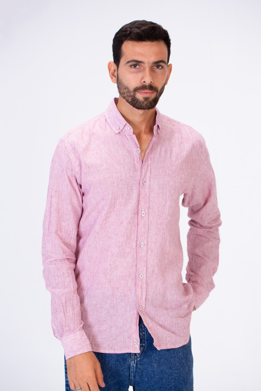 Men's Tomato Store Summer Linen Blend Shirt Button-Down Collar Natural Slub Texture Long Sleeve Slim Fit