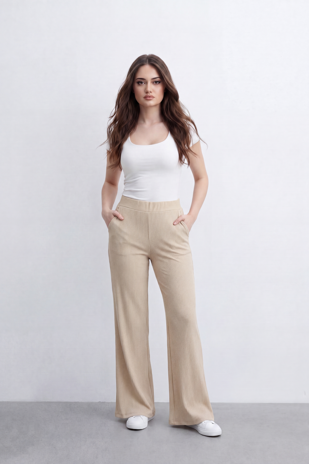Women’s Tomato Store Rib Flow Pants Vertical Ribbed Texture Shapes A Soft Wide Leg Look Stretch Waist