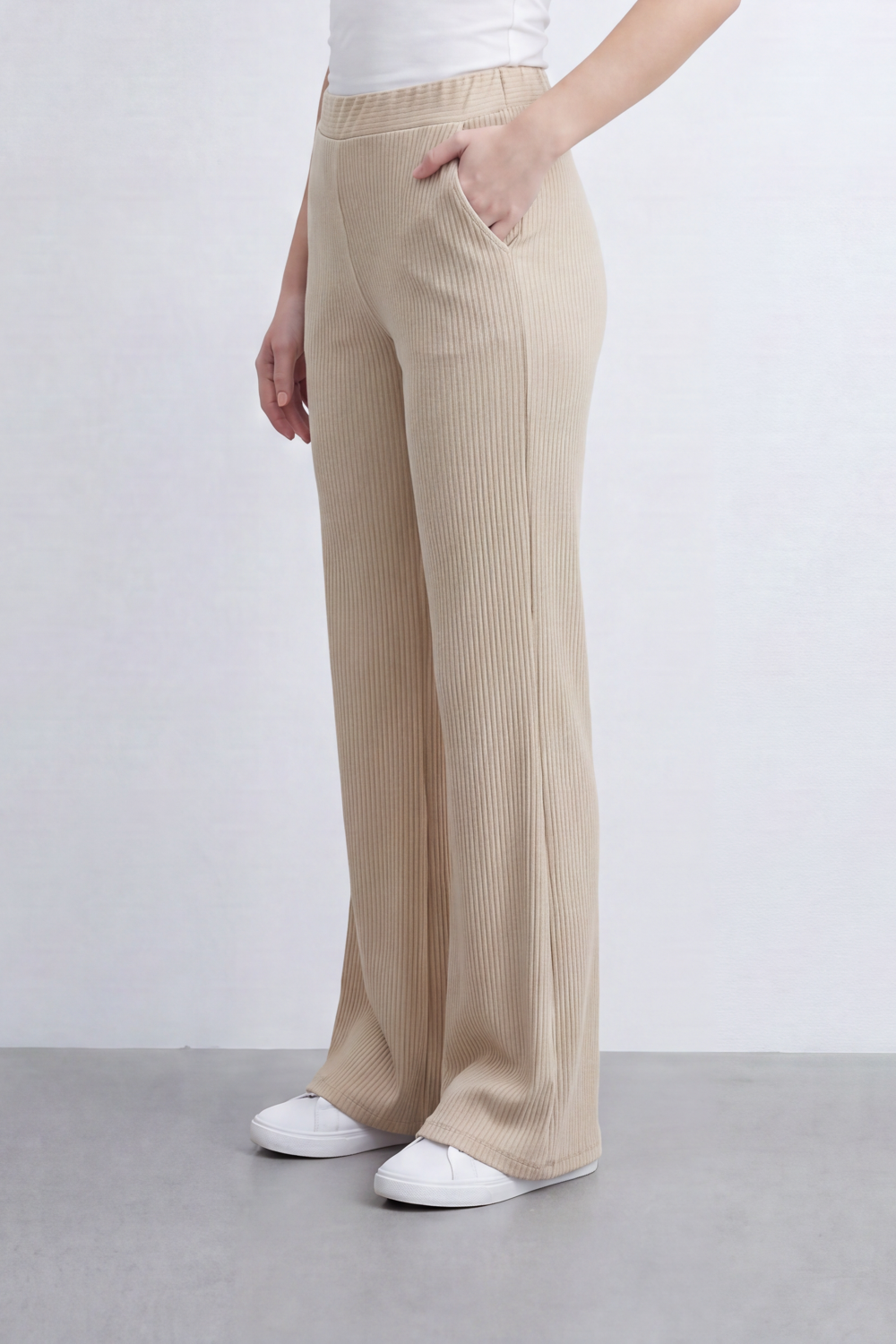 Women’s Tomato Store Rib Flow Pants Vertical Ribbed Texture Shapes A Soft Wide Leg Look Stretch Waist