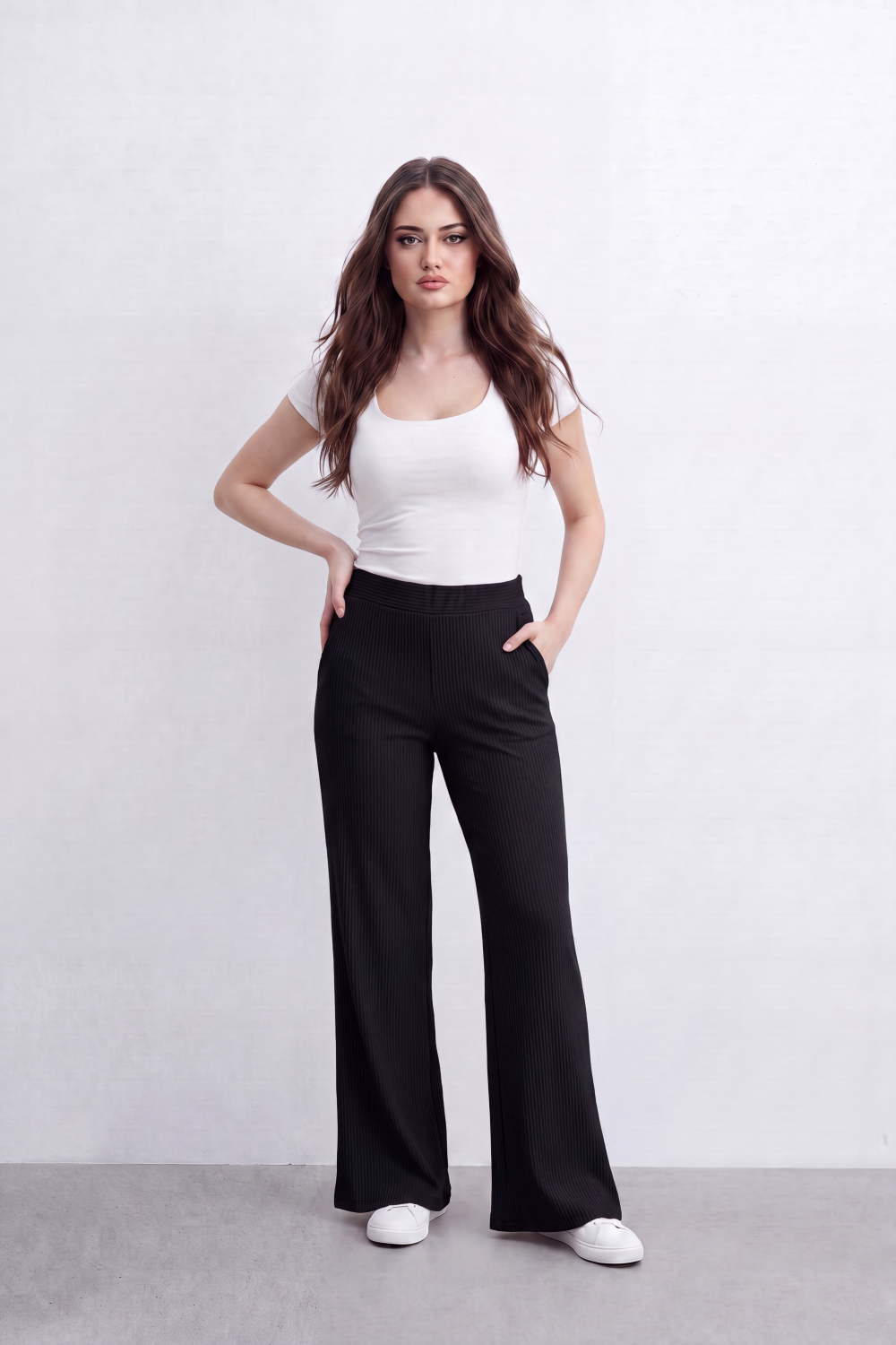 Women’s Tomato Store Rib Flow Pants Vertical Ribbed Texture Shapes A Soft Wide Leg Look Stretch Waist