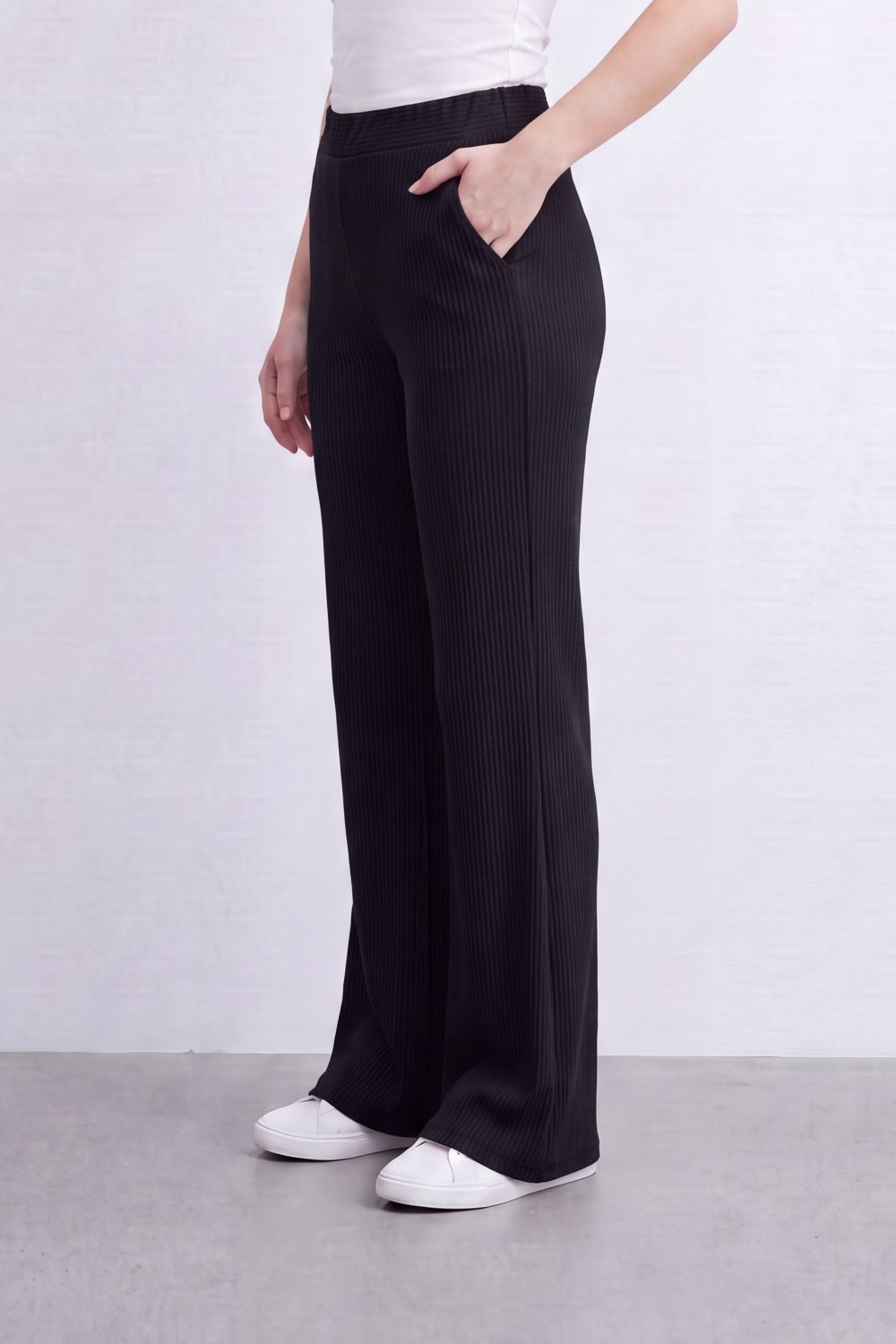 Women’s Tomato Store Rib Flow Pants Vertical Ribbed Texture Shapes A Soft Wide Leg Look Stretch Waist