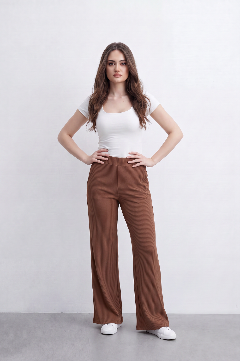 Women’s Tomato Store Rib Flow Pants Vertical Ribbed Texture Shapes A Soft Wide Leg Look Stretch Waist