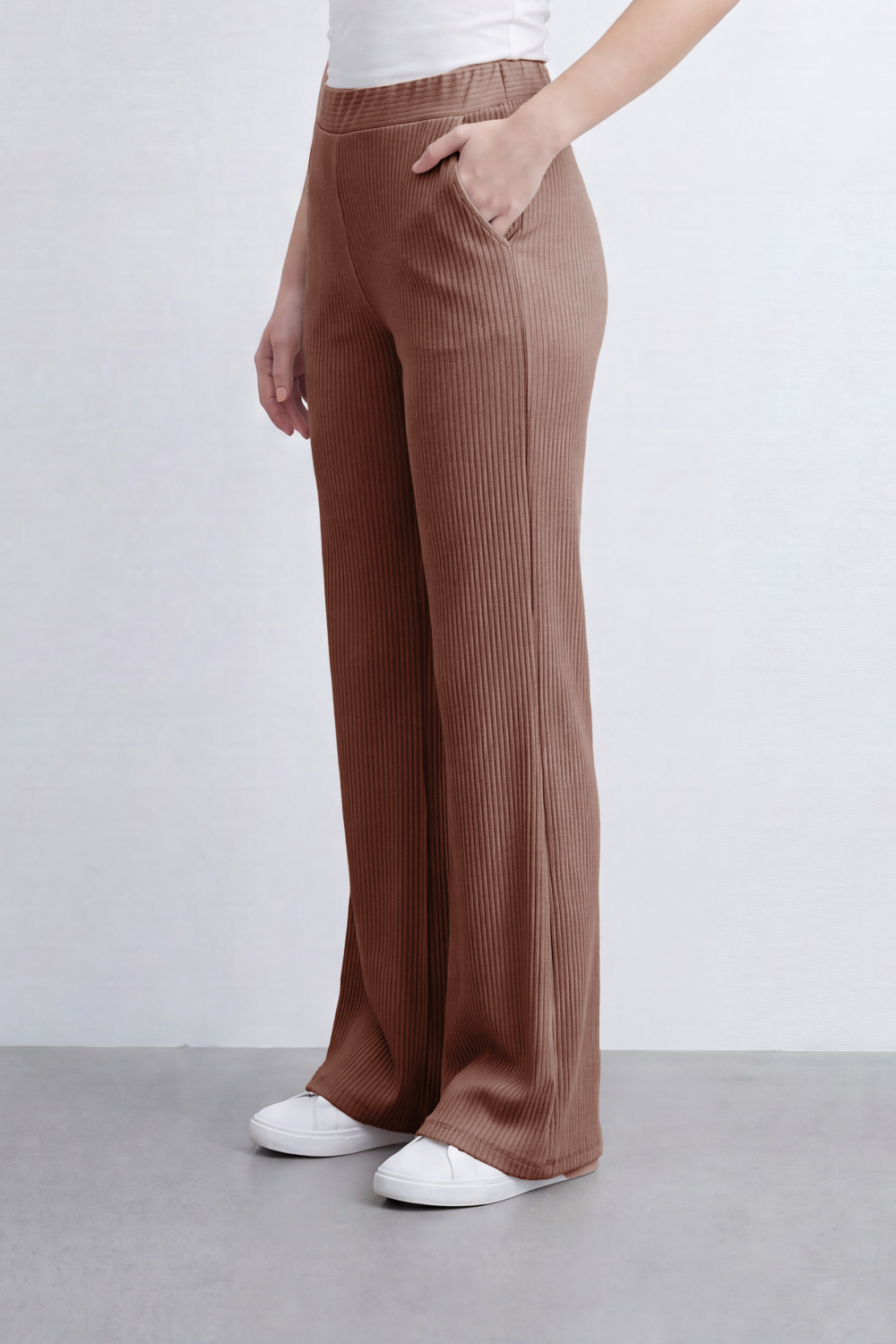 Women’s Tomato Store Rib Flow Pants Vertical Ribbed Texture Shapes A Soft Wide Leg Look Stretch Waist