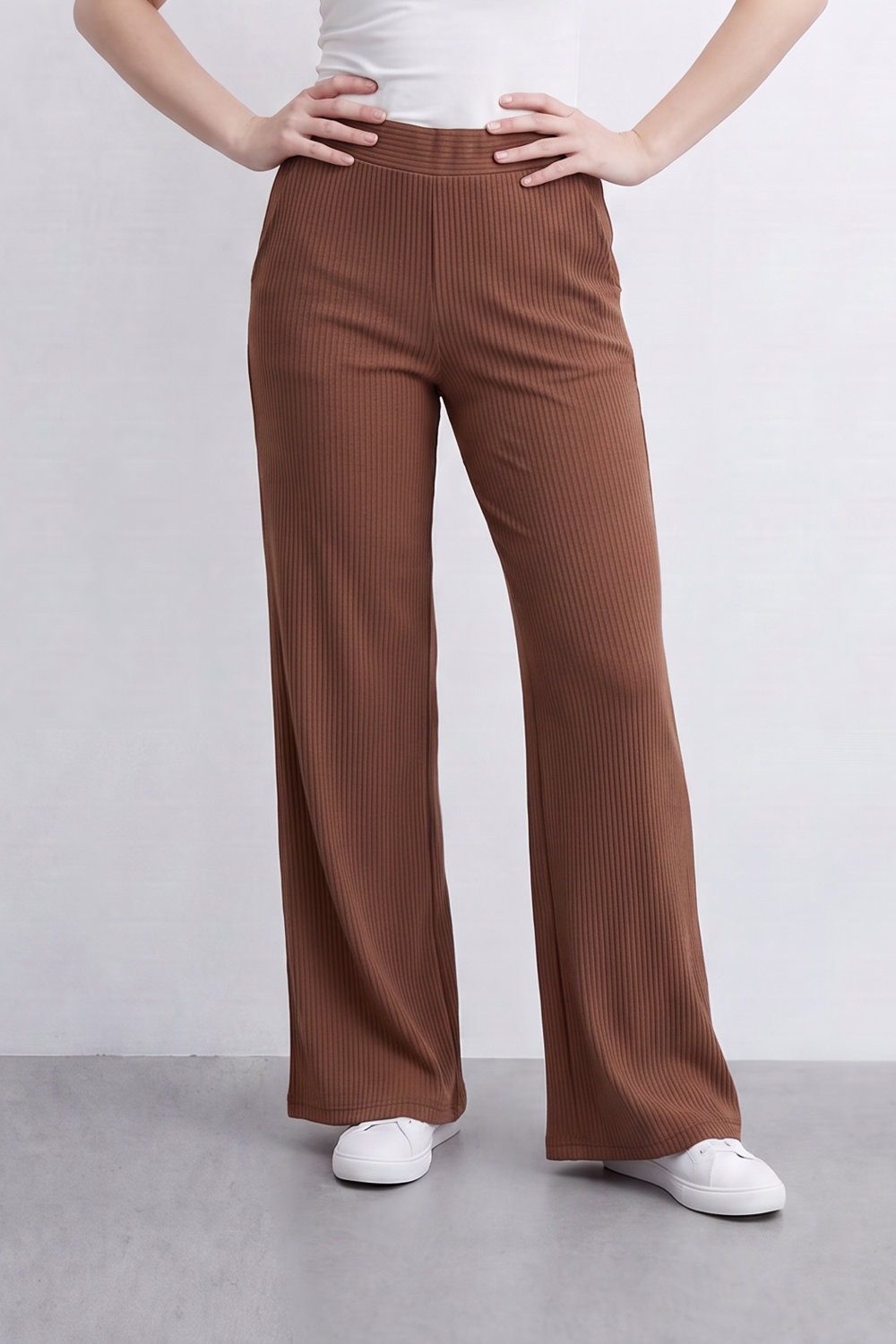 Women’s Tomato Store Rib Flow Pants Vertical Ribbed Texture Shapes A Soft Wide Leg Look Stretch Waist