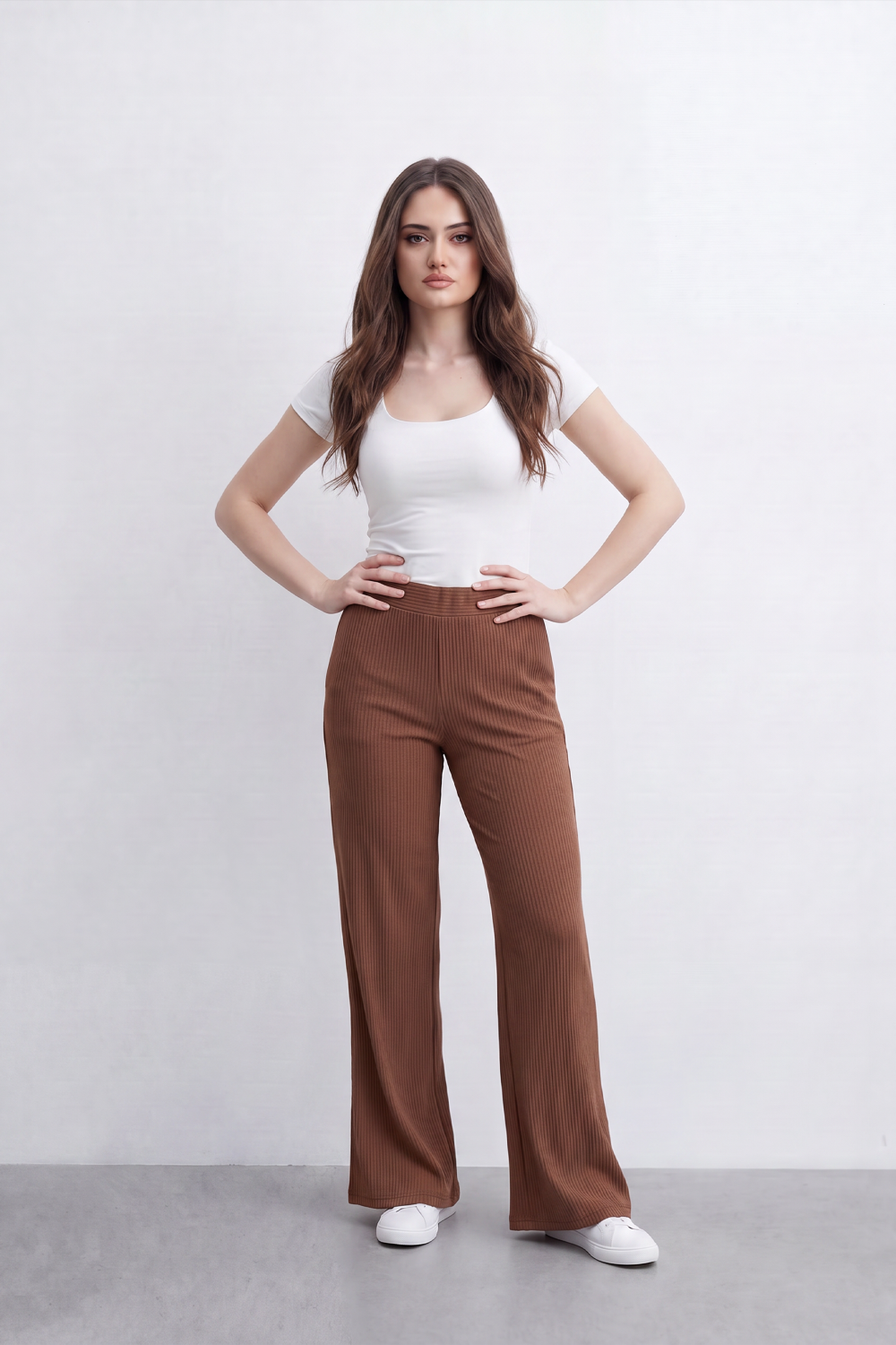 Women’s Tomato Store Rib Flow Pants Vertical Ribbed Texture Shapes A Soft Wide Leg Look Stretch Waist