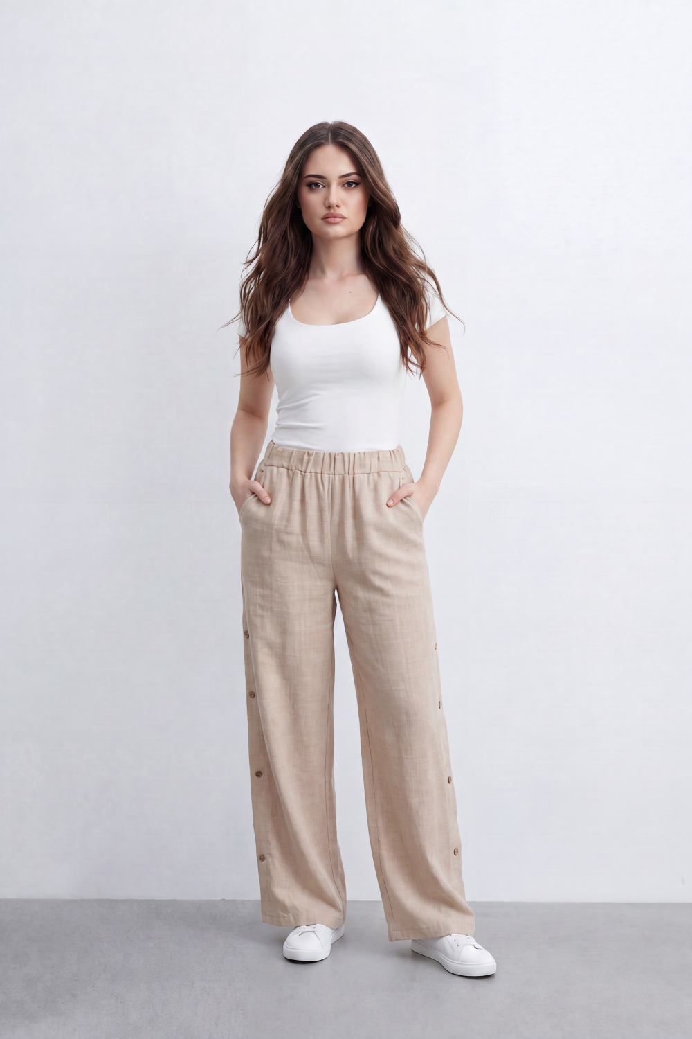 Women’s Tomato Store Button Trail Wide Pants Slub Grain Texture Falls Through A Relaxed Wide Shape