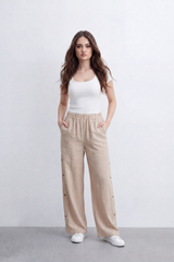 Women’s Tomato Store Button Trail Wide Pants Slub Grain Texture Falls Through A Relaxed Wide Shape