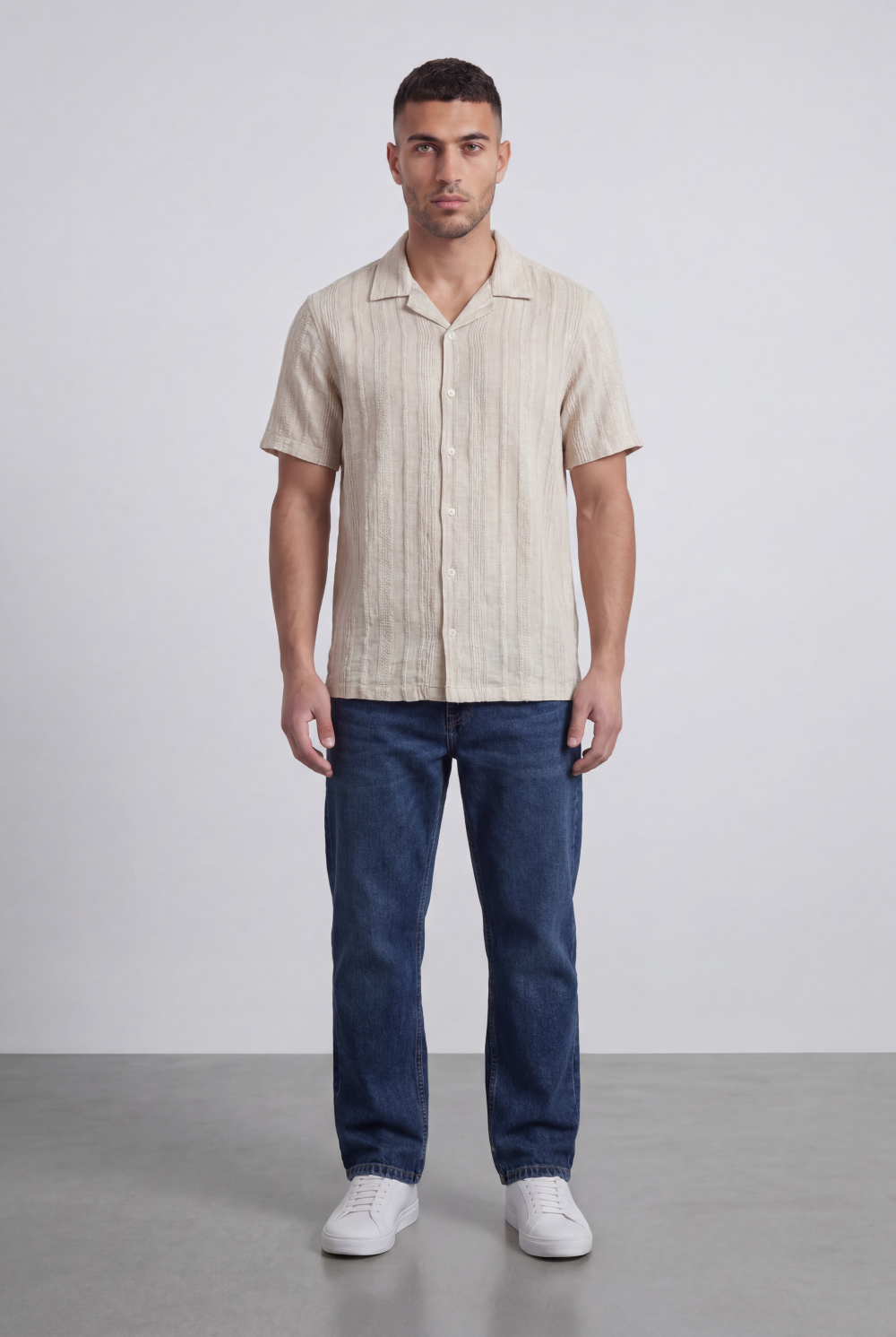 Men’s Tomato Store Riviera Texture Camp Shirt Button Front Vertical Raised Weave Linen Regular Fit