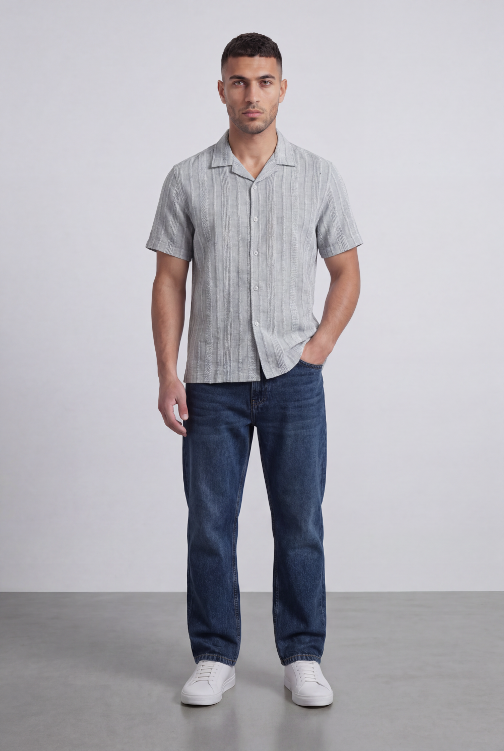 Men’s Tomato Store Riviera Texture Camp Shirt Button Front Vertical Raised Weave Linen Regular Fit