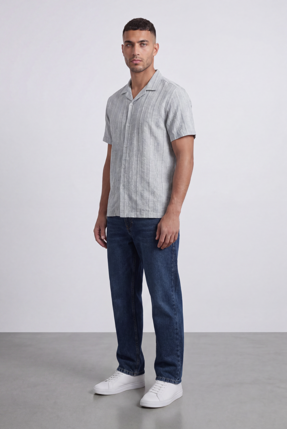 Men’s Tomato Store Riviera Texture Camp Shirt Button Front Vertical Raised Weave Linen Regular Fit