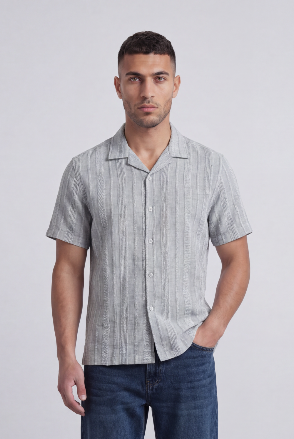 Men’s Tomato Store Riviera Texture Camp Shirt Button Front Vertical Raised Weave Linen Regular Fit
