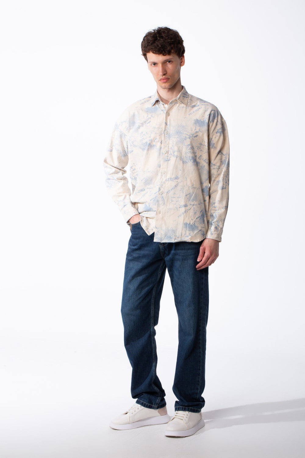 Men's Breathable Fabric Front Button-Down Over Distressed Script Print Classic Point Collar Long Sleeves With Buttoned Cuffs Shirt
