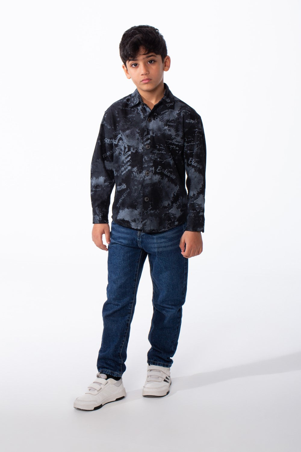 Boy's Long Sleeved Button Up Pattern Graffiti Style Versatile Slim Fit Gabardine Shirt