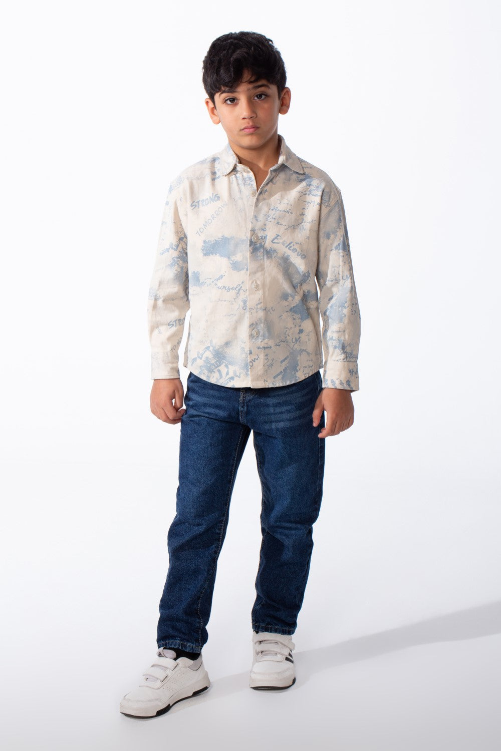 Boy's Long Sleeved Button Up Pattern Graffiti Style Versatile Slim Fit Gabardine Shirt