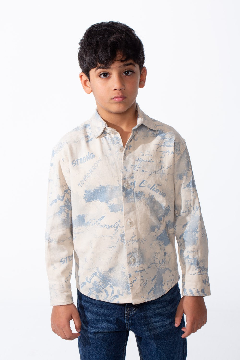 Boy's Long Sleeved Button Up Pattern Graffiti Style Versatile Slim Fit Gabardine Shirt