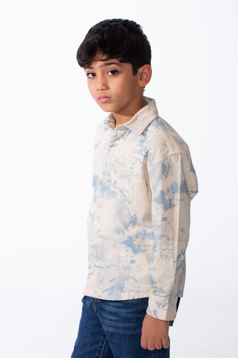 Boy's Long Sleeved Button Up Pattern Graffiti Style Versatile Slim Fit Gabardine Shirt