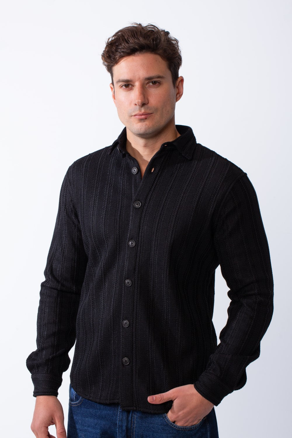 Men’s Long Sleeve Button Down Knit Ribbed Patterns Regular Fit Textured Jacquard Shirt