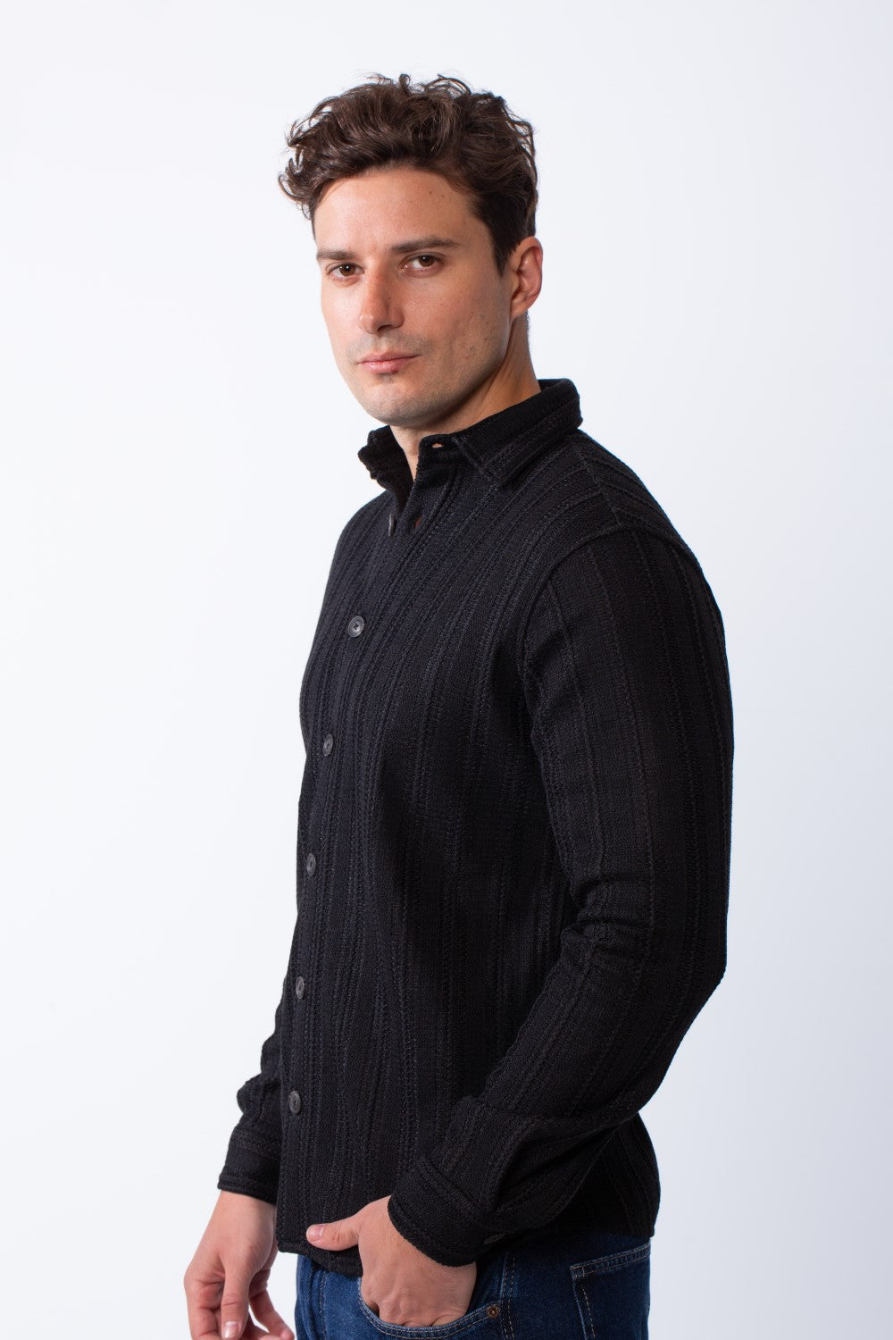 Men’s Long Sleeve Button Down Knit Ribbed Patterns Regular Fit Textured Jacquard Shirt