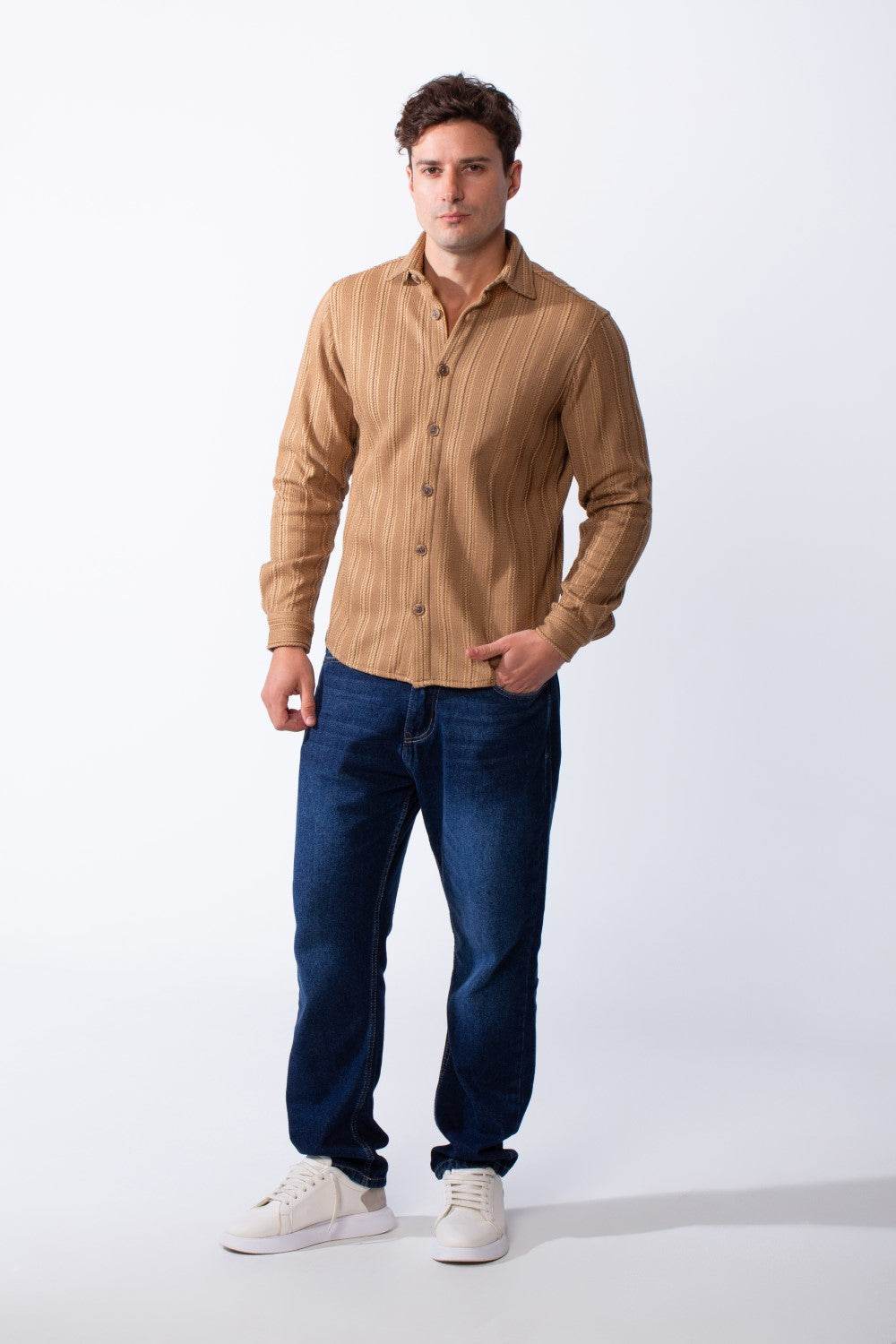 Men’s Long Sleeve Button Down Knit Ribbed Patterns Regular Fit Textured Jacquard Shirt