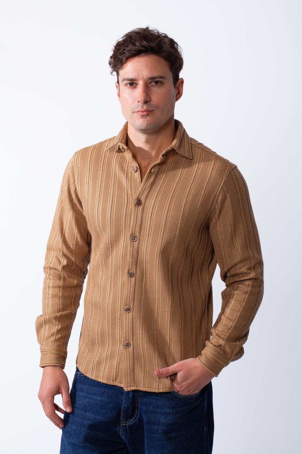 Men’s Long Sleeve Button Down Knit Ribbed Patterns Regular Fit Textured Jacquard Shirt
