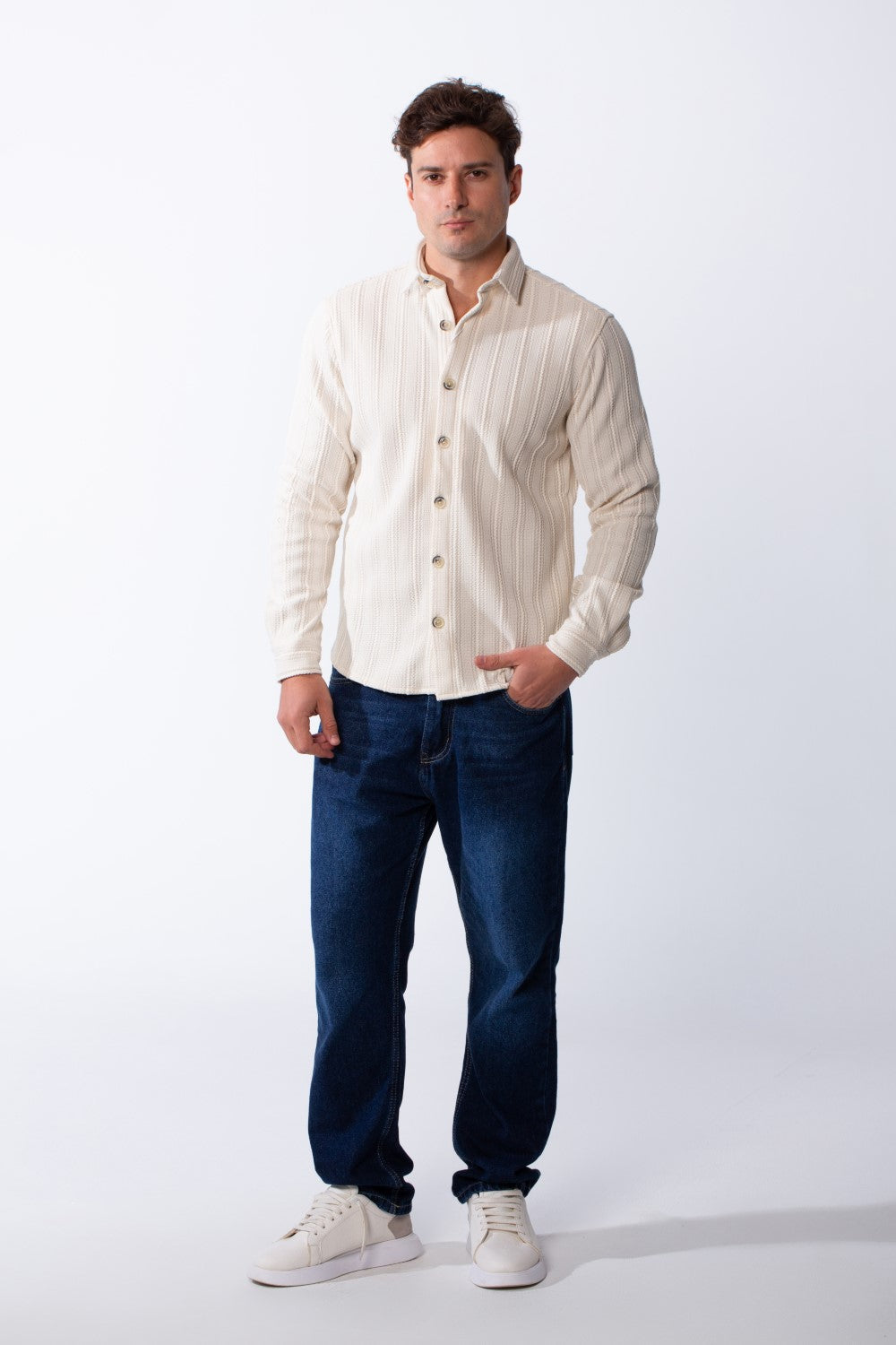 Men’s Long Sleeve Button Down Knit Ribbed Patterns Regular Fit Textured Jacquard Shirt