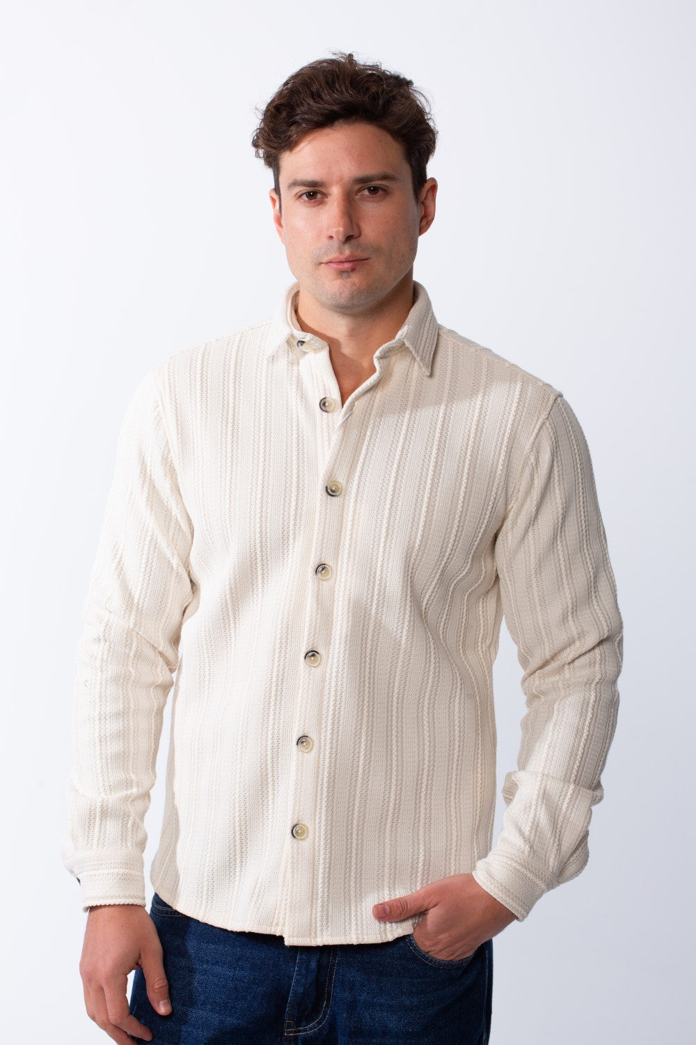 Men’s Long Sleeve Button Down Knit Ribbed Patterns Regular Fit Textured Jacquard Shirt