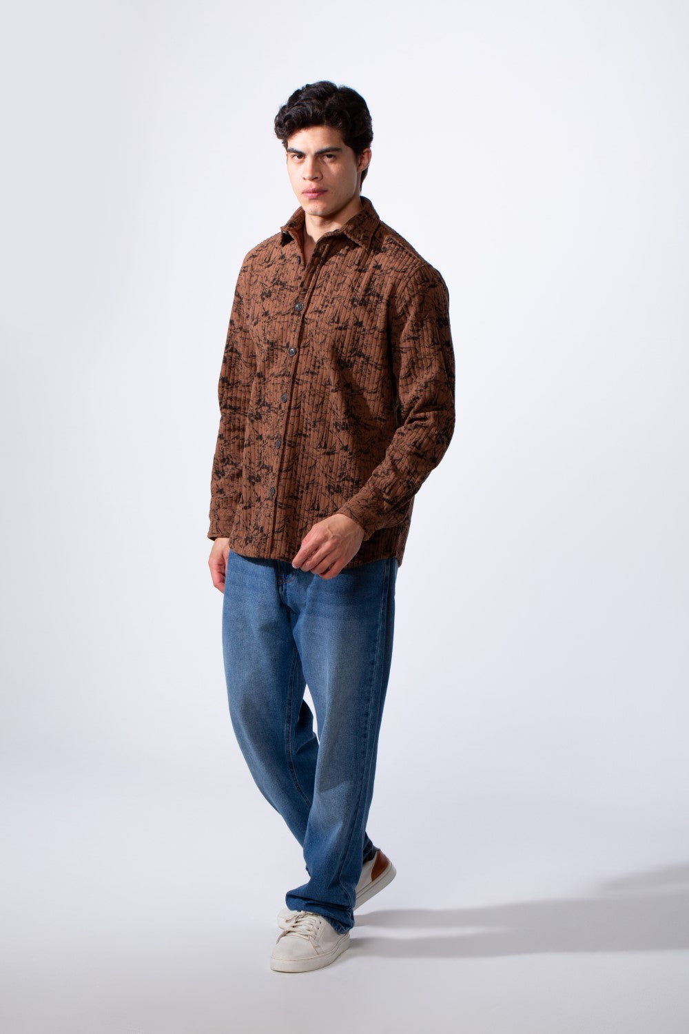 Men's Long Sleeve Velvet Button-Down Textured Fabric Printed Casual Slim Fit Shirt