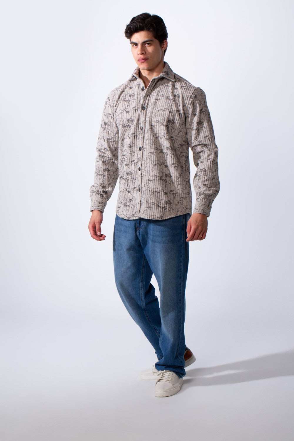 Men's Long Sleeve Velvet Button-Down Textured Fabric Printed Casual Slim Fit Shirt