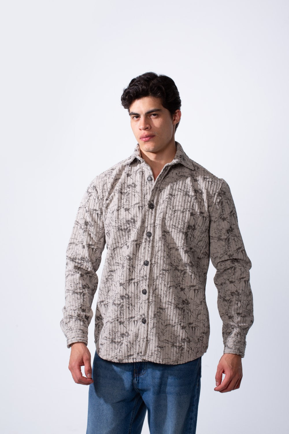 Men's Long Sleeve Velvet Button-Down Textured Fabric Printed Casual Slim Fit Shirt