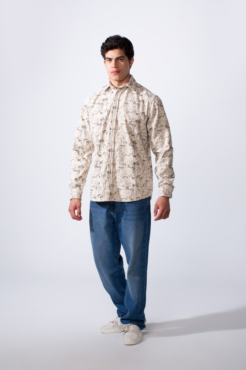 Men's Long Sleeve Velvet Button-Down Textured Fabric Printed Casual Slim Fit Shirt