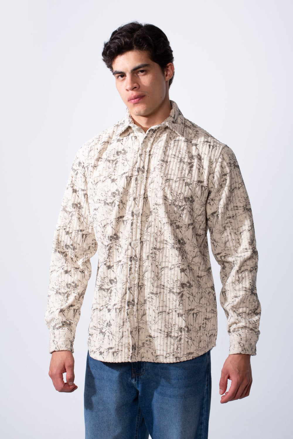Men's Long Sleeve Velvet Button-Down Textured Fabric Printed Casual Slim Fit Shirt
