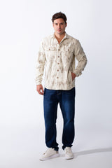 Men's Button Down Abstract Geometric Pattern With Dual Chest Flap Pockets Slim Fit Gabardine Casual Shirt