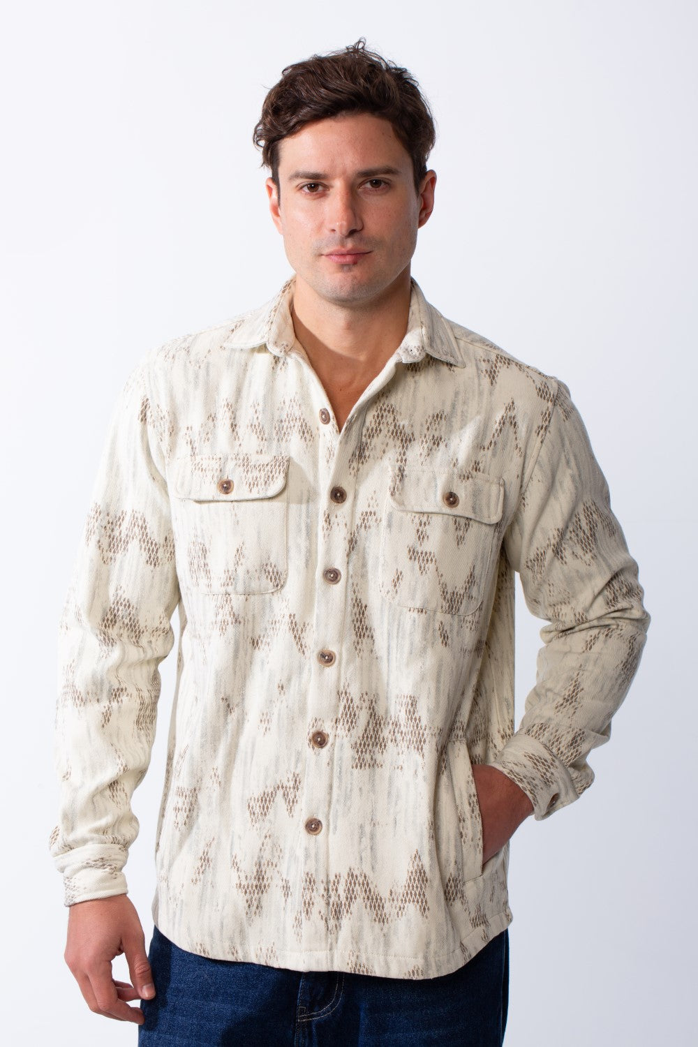 Men's Button Down Abstract Geometric Pattern With Dual Chest Flap Pockets Slim Fit Gabardine Casual Shirt
